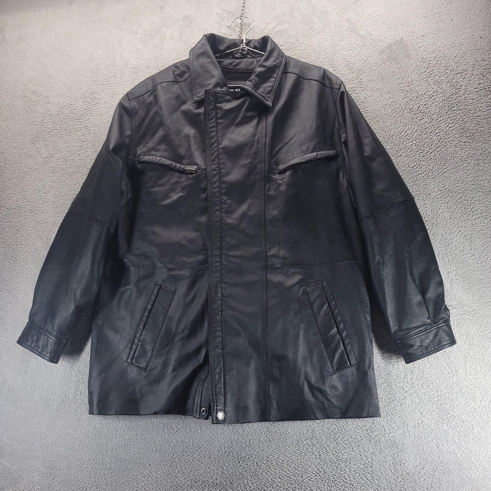 Wilsons Leather Coat Mens L Black Leather Mid Length Zip Lined Pockets Insulated